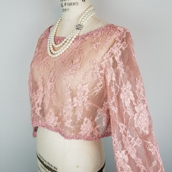 Romantic Rose Pink Sheer Lace Cropped 3/4 Slv Blouse * Size 14 Boutique Montage - Picture 3 of 6